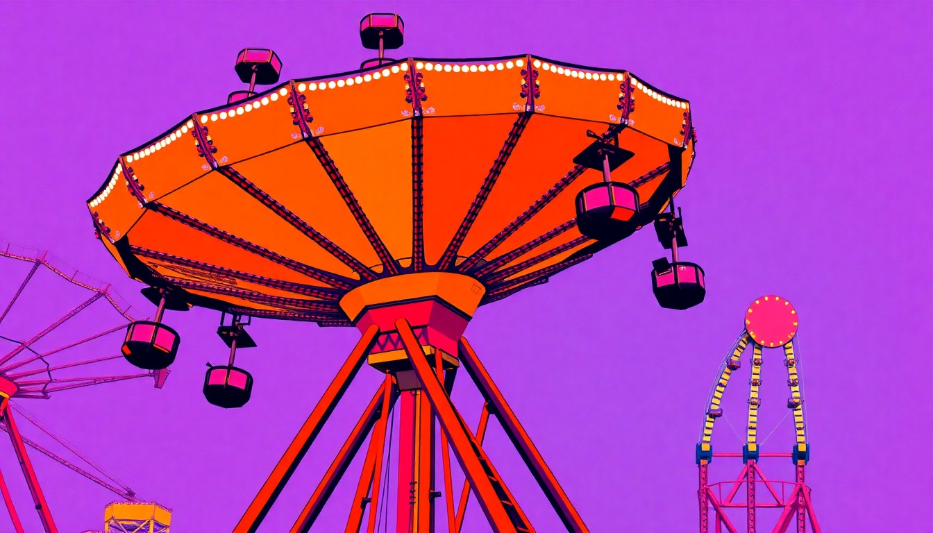 A high-contrast silkscreen print in neon pink, orange, and blue hues depicting a classic carnival ride like a Ferris wheel or roller coaster, repeated in a tight grid pattern to create a bold, pop art-inspired visual metaphor for the energy and excitement of the National Orange Show Fair.