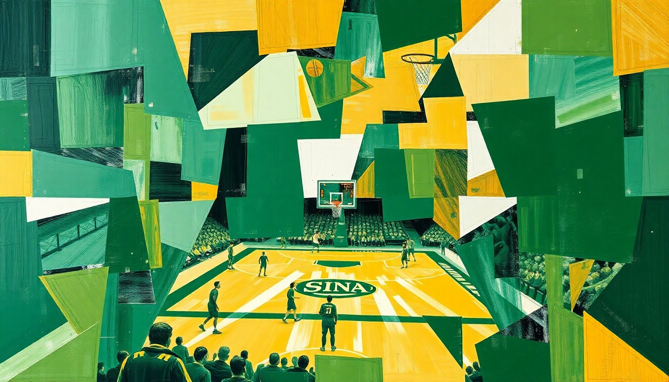 A cubist, geometric painting depicting a fragmented basketball court scene, with sharp, overlapping planes of green, gold, and white representing the energy and intensity of the game Jabir dedicated his life to.