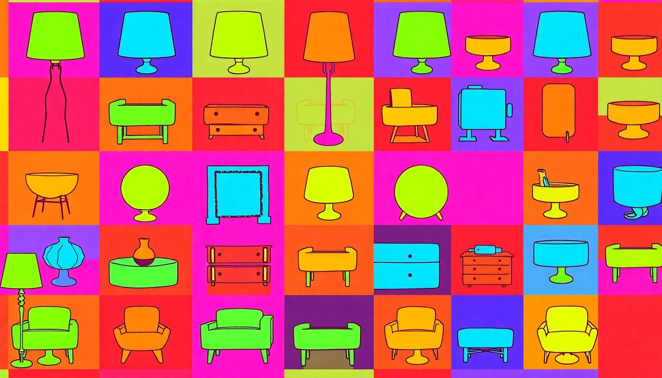 A brightly colored, high-contrast silkscreen print of a modern home decor item repeated in a grid, conceptually representing the opportunity to customize a new living space.