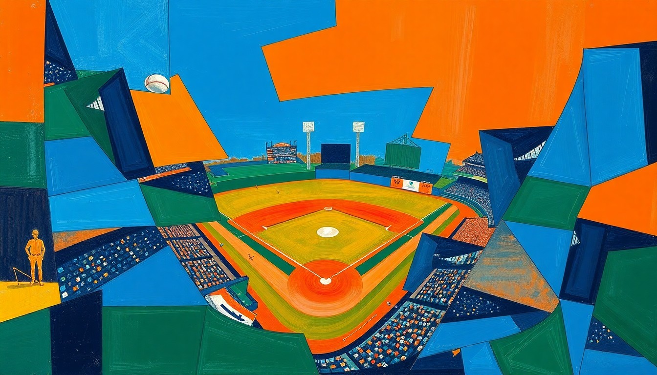 A cubist, geometric painting depicting a baseball game with sharp, overlapping planes of bright orange, royal blue, and forest green, capturing the dynamic action and shifting momentum of the contest.