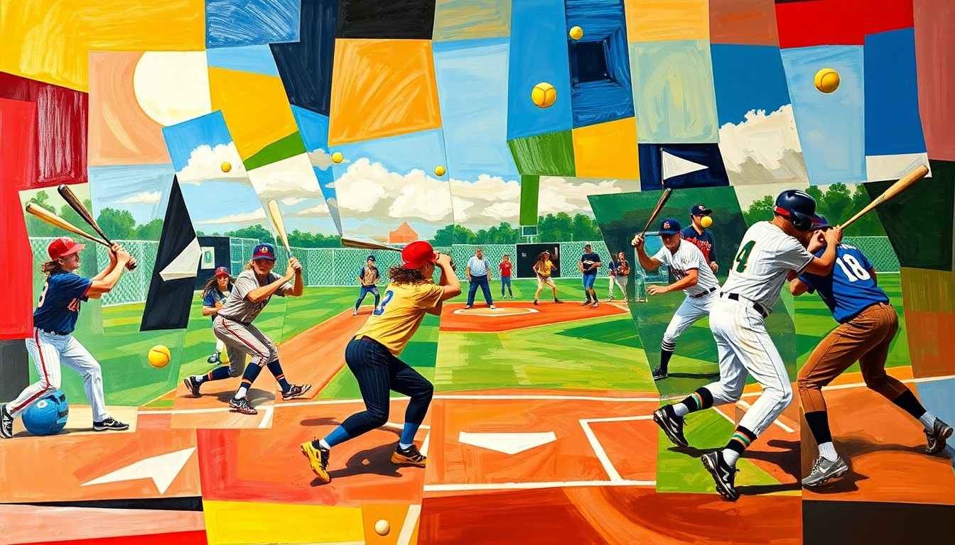 A fragmented, geometric painting depicting the motion and intensity of a high school softball game, with players, bats, and balls rendered in a cubist style.