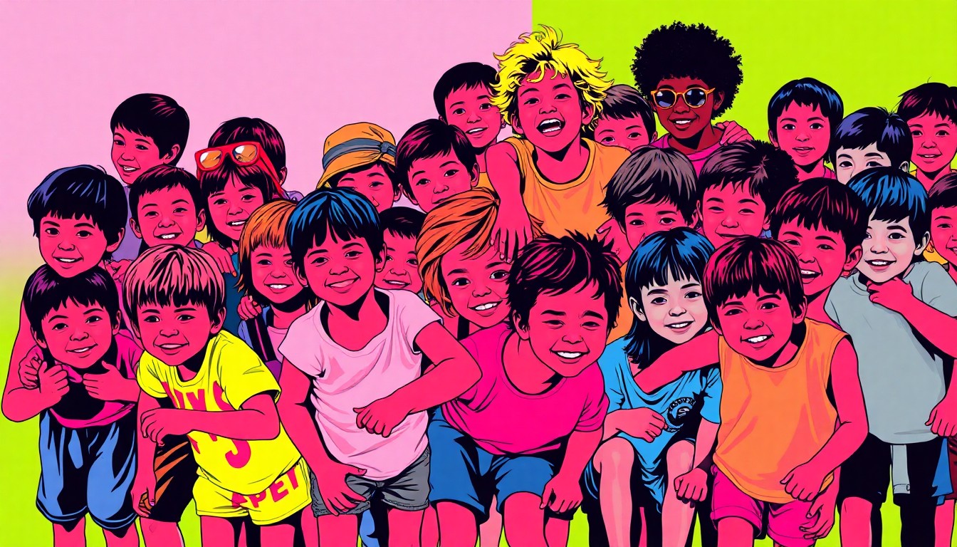 A highly stylized, pop art-inspired illustration featuring a grid of colorful, silhouetted figures of children playing and interacting, conveying the joyful atmosphere of a summer camp program.