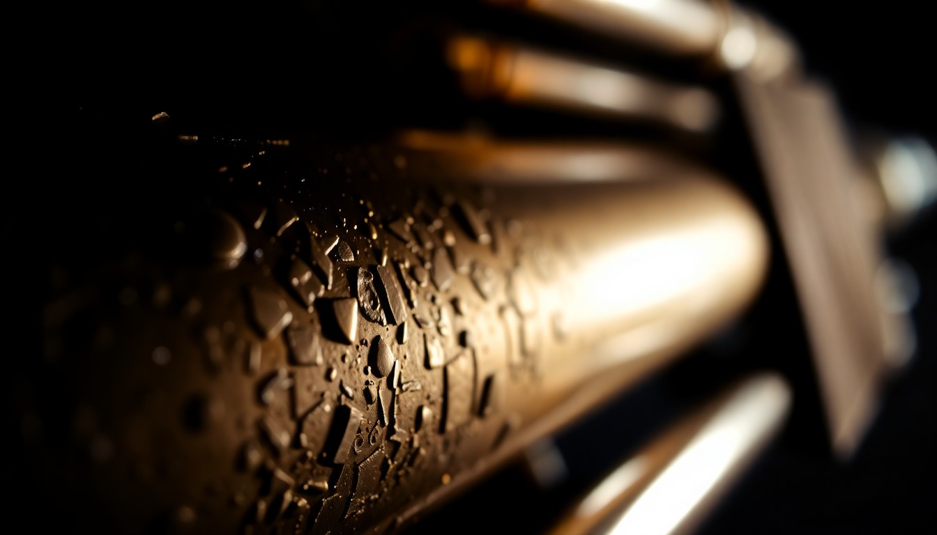 An extreme macro photograph of the intricate, metallic surface of a trumpet, with dramatic shadows and highlights creating a high-contrast, abstract composition that evokes the rich tradition and enduring appeal of jazz music.