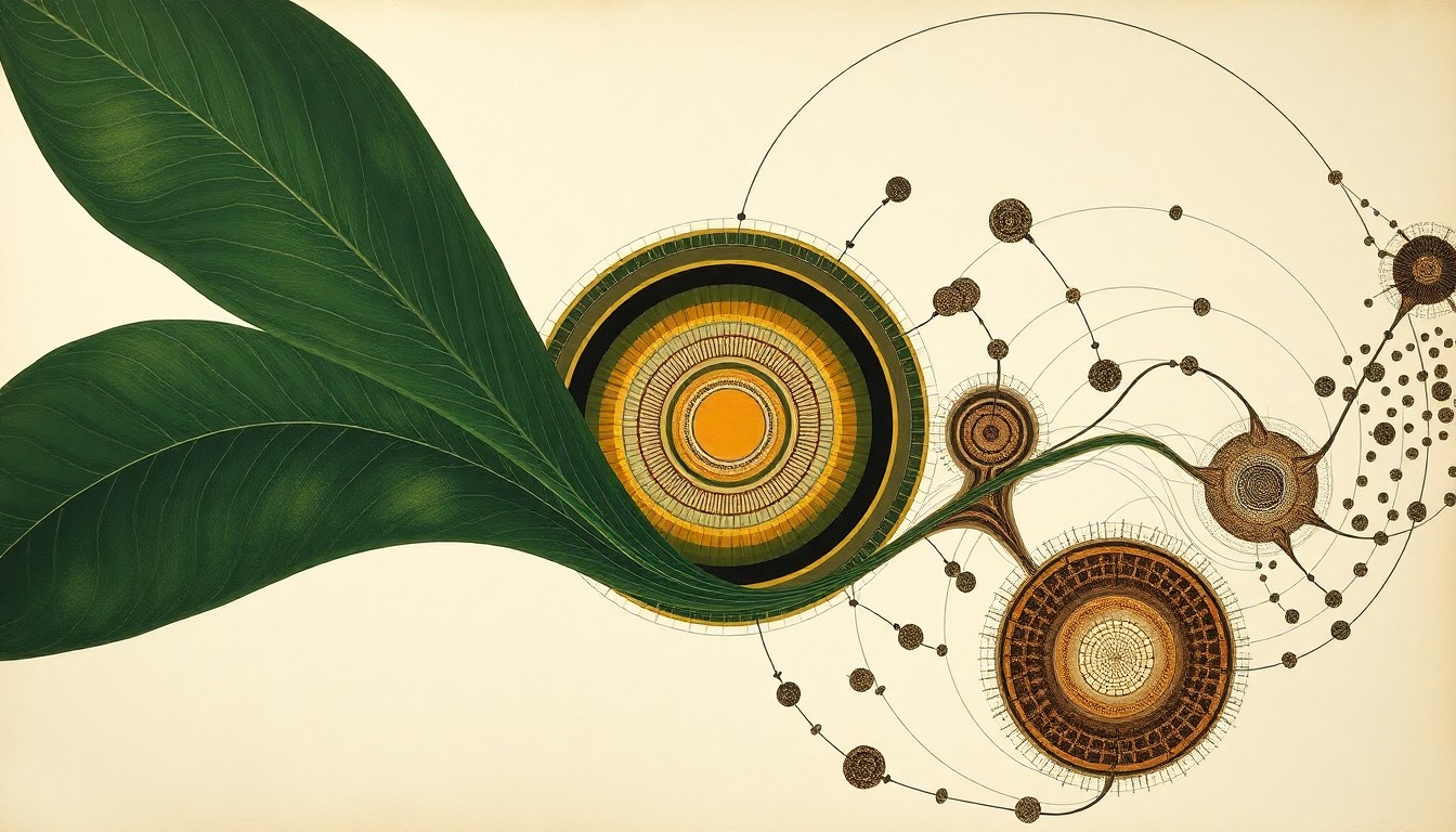 A bold, highly structured abstract painting featuring sweeping geometric arcs, concentric circular patterns, and precise botanical spirals in earthy greens, browns, and blues against a clean background, conceptually representing the intricate biological systems at play in no-till soybean production.