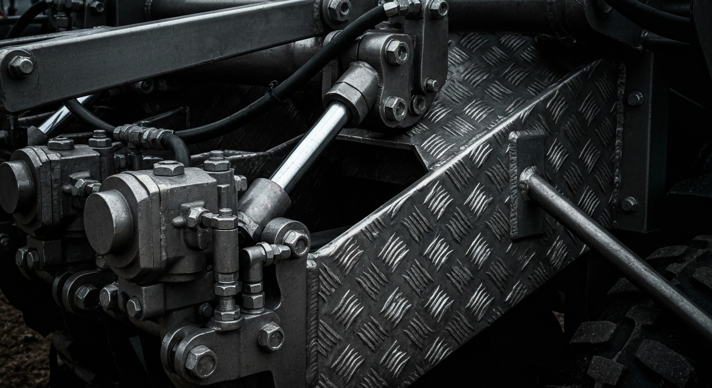 An extreme close-up of the raw, textured metal and hydraulic components of a custom-built sidedress applicator, dramatically lit to highlight the intricate machinery and engineering.