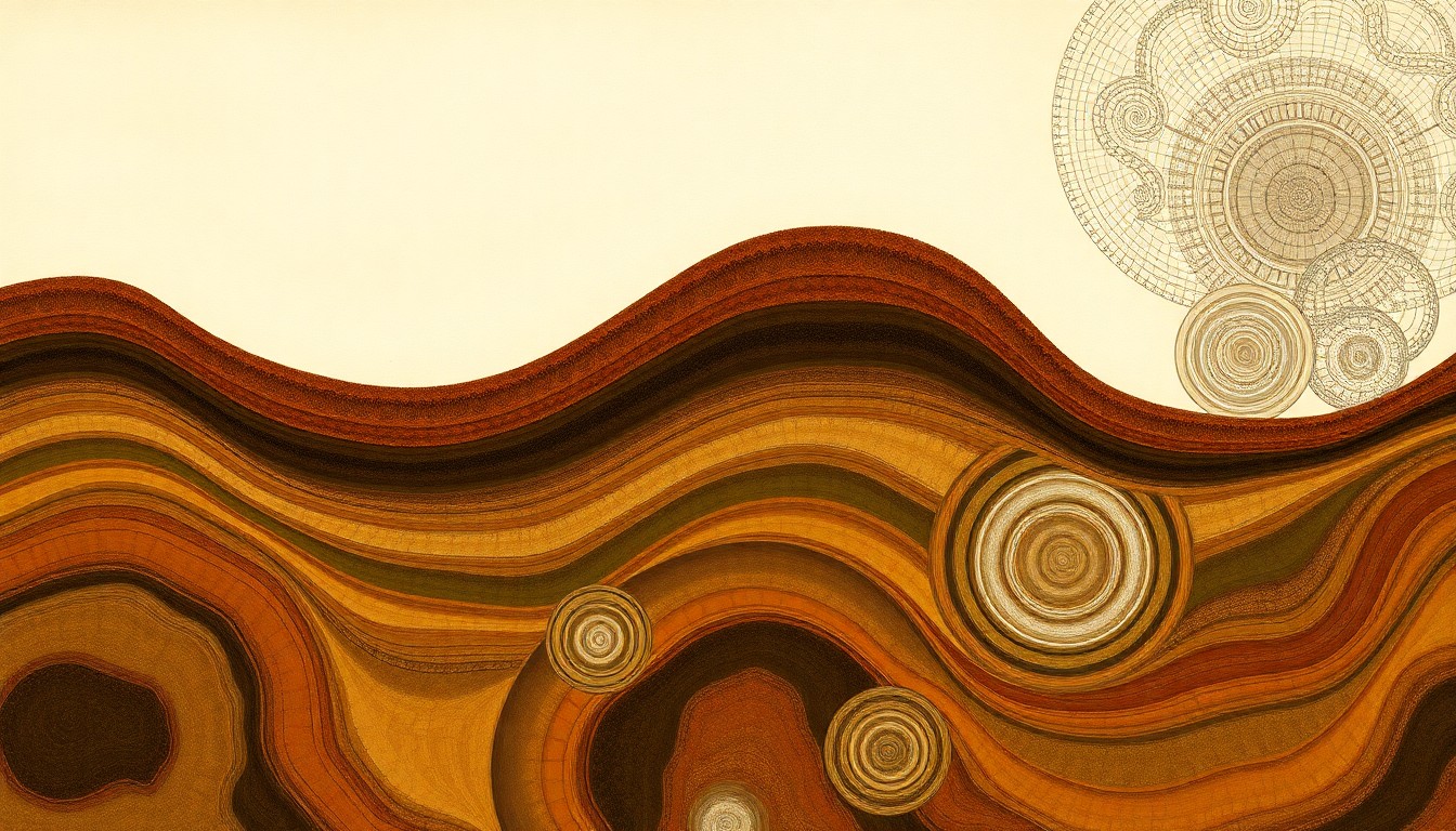 A highly structured abstract painting in earthy tones, using sweeping geometric arcs, intersecting waveforms, and precise botanical spirals to conceptually represent the intricate layers and hidden structures within soil.