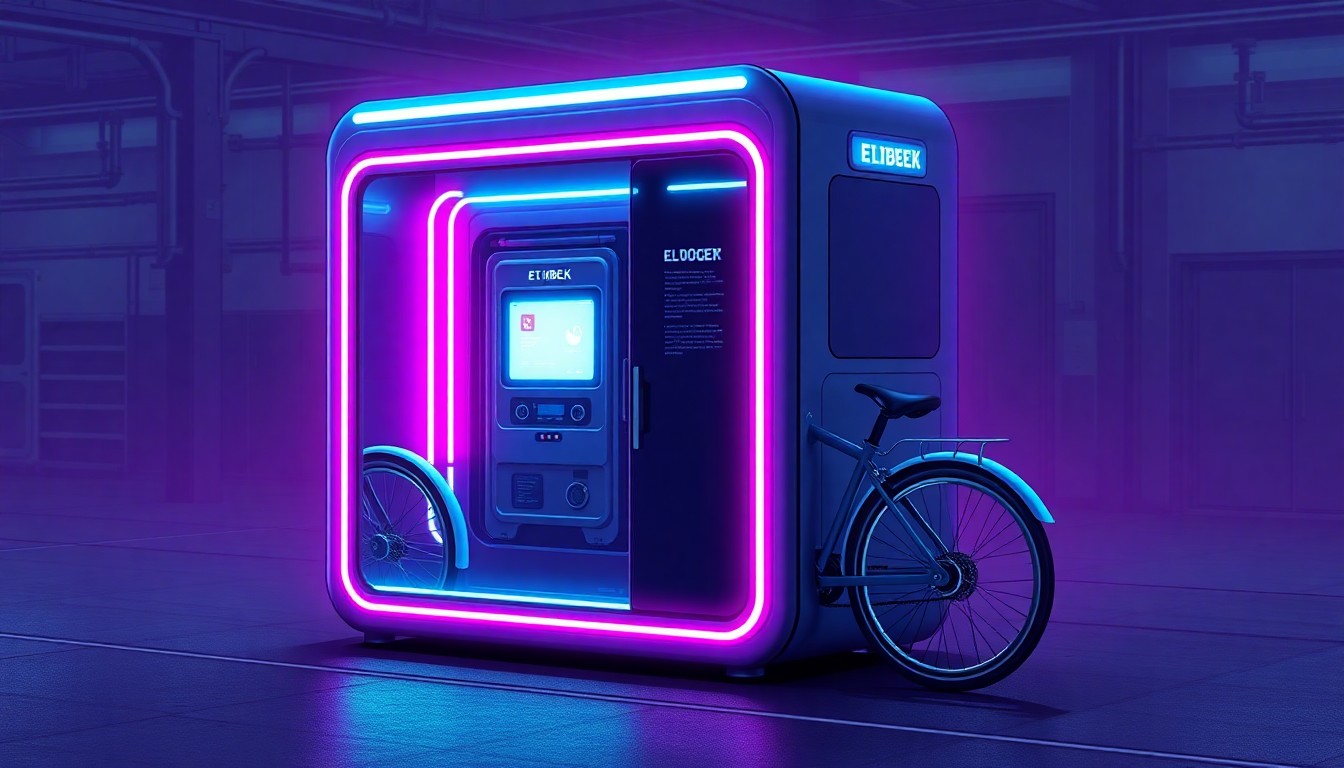 A highly detailed, 3D illustration of a glowing, modular e-bike battery swapping cabinet, with neon cyan and magenta lights illuminating the sleek, futuristic design. The cabinet is set against a dark, industrial backdrop, representing the intersection of technology and urban infrastructure.