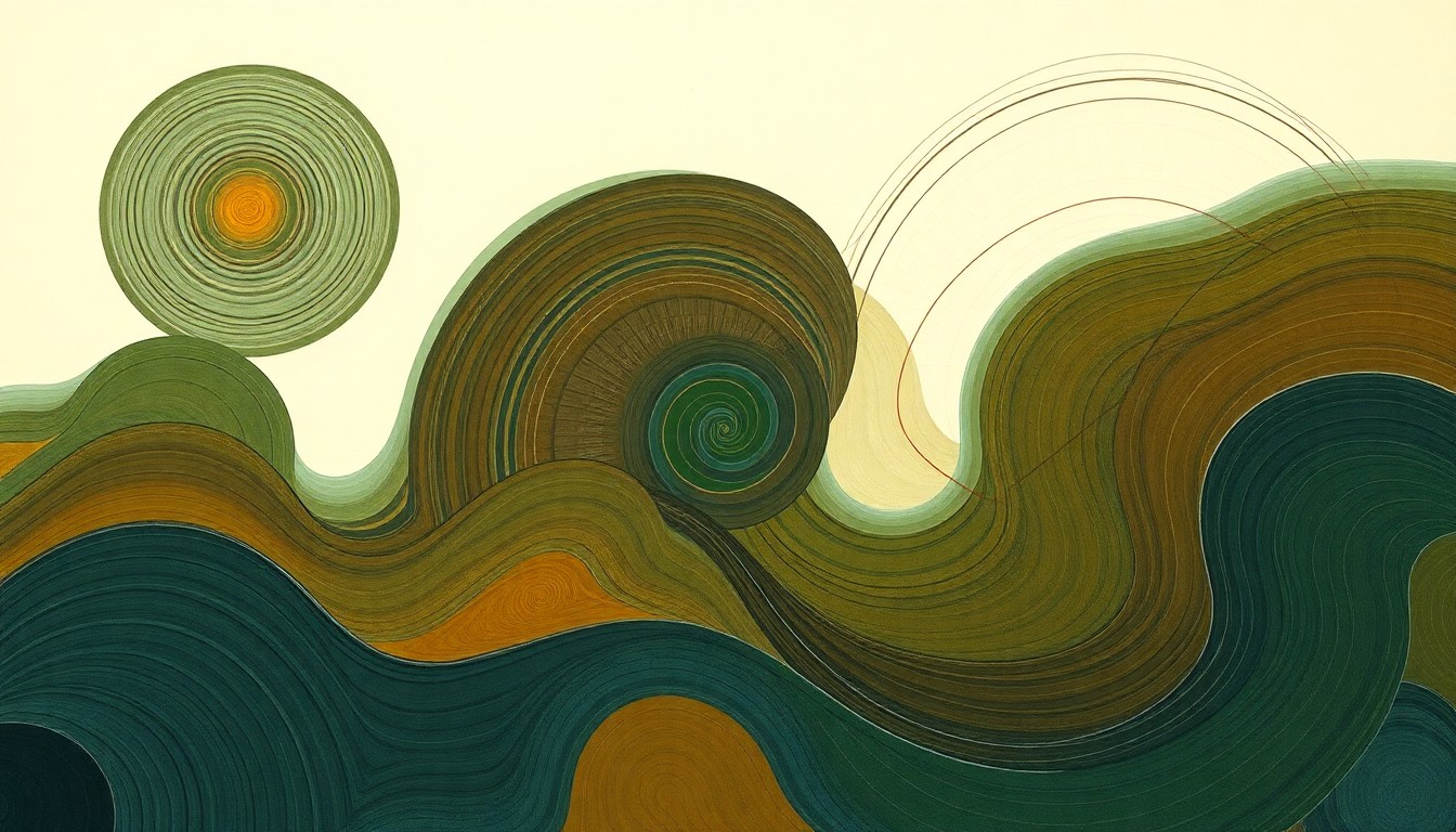 An abstract, highly structured painting in soft, earthy tones of green, brown, and blue, depicting sweeping geometric arcs, concentric circles, and precise botanical spirals to conceptually represent the complex crop rotation sequences and no-till farming techniques being studied at the Conservation Cropping Systems Project research farm.