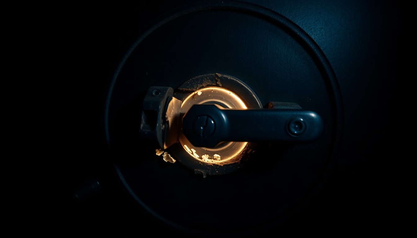 An extreme close-up photograph of a damaged metal lock or safe, its surface heavily textured and reflecting the harsh light of the camera flash, conceptually representing the violation and loss experienced by the victims of this crime.