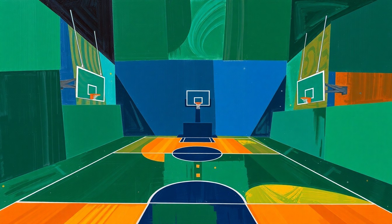 A cubist, geometric painting depicting a fragmented basketball court scene with overlapping planes of color, conveying the complex and multifaceted nature of coaching in the NBA.