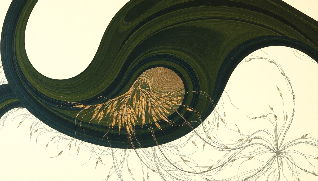 A highly structured abstract painting in earthy tones, featuring sweeping geometric arcs, intersecting waveforms, and precise botanical spirals, conceptually representing the complex root structure and growth patterns of black oats as an effective cover crop.