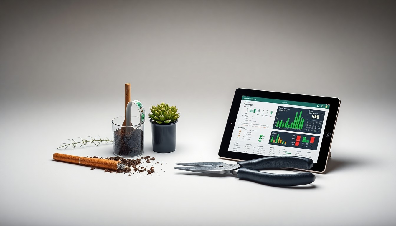 A high-end, photorealistic studio still-life photograph featuring a carefully arranged composition of premium farming tools and equipment, including a soil sample container, a pair of pruning shears, and a tablet displaying crop data, all placed on a clean, monochromatic seamless background and using sharp, dramatic studio lighting to represent the abstract concepts of precision, data-driven decision making, and the importance of expert guidance in modern agriculture.