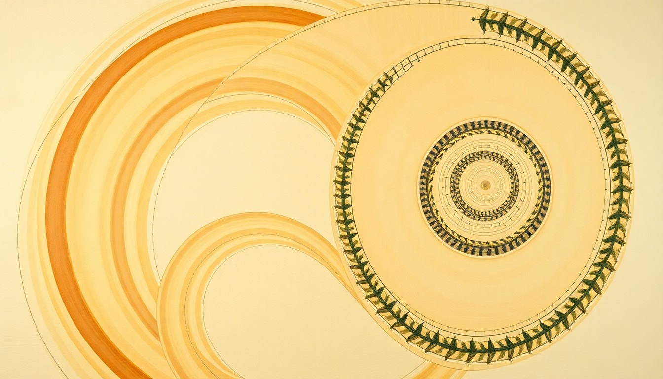 A bold, abstract painting in soft greens, browns, and blues depicting interlocking geometric shapes and organic spirals, representing the complex interplay of corn traits, herbicide resistance, and volunteer corn competition.