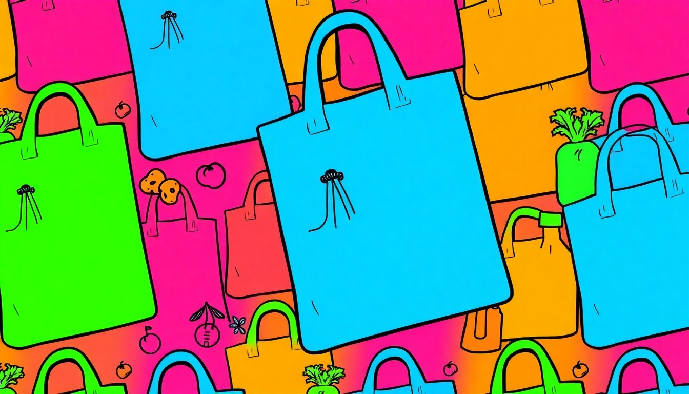 A brightly colored, high-contrast silkscreen print of a reusable grocery bag in a repeating grid pattern, conceptually representing the iconic natural foods store's commitment to community values and sustainable consumerism.