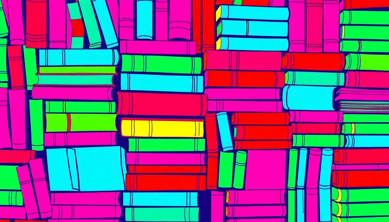 A vibrant, abstract silkscreen print featuring a grid of stylized children's books in a variety of neon colors, capturing the creative energy and diversity of the Inks & Bindings book collection at the Los Angeles Times Festival of Books.