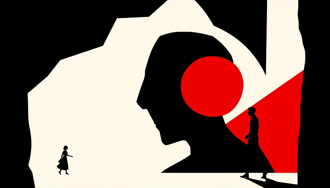 An abstract composition of bold, jagged geometric shapes in high-contrast red and white, conceptually representing the themes of suspense, self-discovery, and spiritual insight from the featured book showcase.