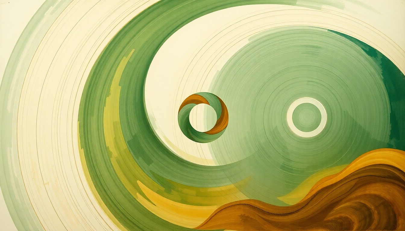 A bold, abstract painting in soft earth tones depicting sweeping geometric arcs, concentric circles, and precise botanical spirals, conceptually representing the complex scientific forces and efficiency of a precision anhydrous ammonia and liquid fertilizer application system.