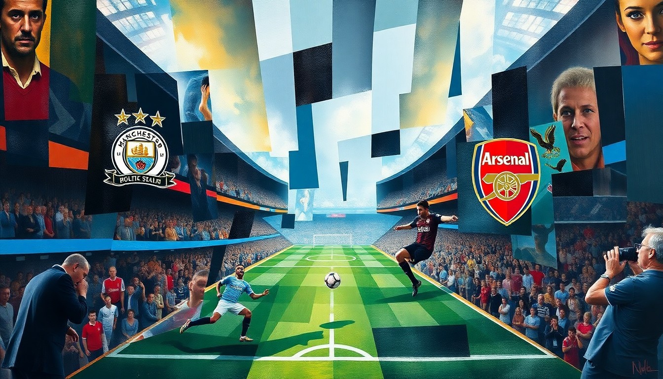 A fragmented, geometric painting depicting a soccer match, with overlapping planes of color and form representing the intensity and strategy of the game.