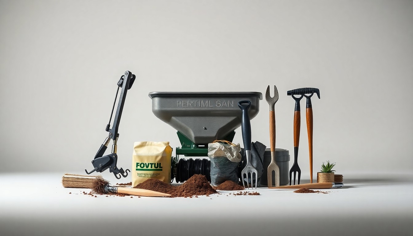 A high-end, photorealistic studio still-life photograph featuring a carefully arranged composition of premium farming tools and equipment, including a precision seeding mechanism, fertilizer applicator, and soil sampling tools, all set against a clean, monochromatic background and dramatically lit to emphasize their craftsmanship and conceptually represent the importance of precision and attention to detail in no-till farming.