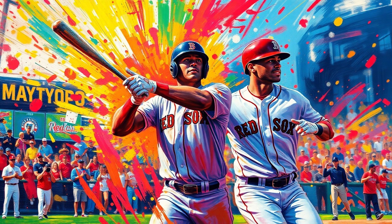 An abstract expressionist painting in neon colors capturing the raw energy and celebratory mood of a walk-off hit in a Red Sox game, with the players' forms dissolving into vibrant brushstrokes.