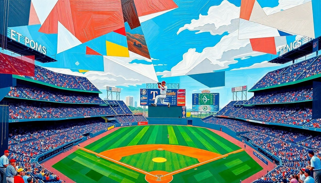 A cubist, multi-angled painting in vibrant colors, breaking down a baseball game between the Texas Rangers and Seattle Mariners into sharp, overlapping geometric shapes and planes, conveying the dynamic action of the sport.