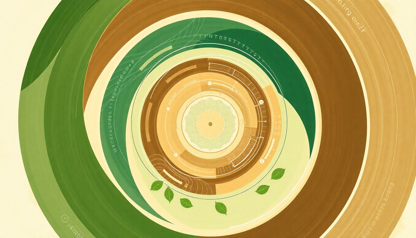 A highly textured abstract painting in muted earth tones, featuring sweeping geometric shapes and botanical spirals that conceptually represent the interconnected systems and precision technologies of sustainable agriculture.