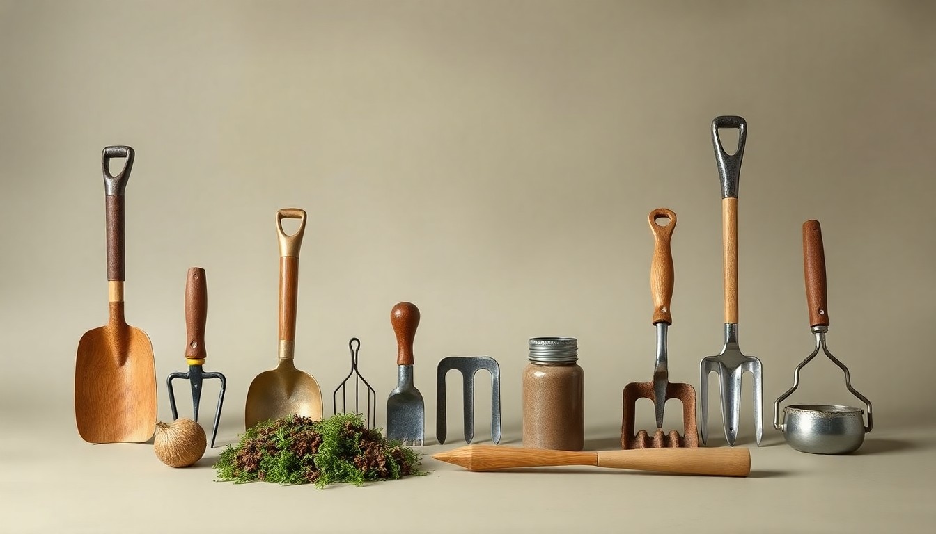 A high-end, photorealistic studio still-life featuring a collection of premium, polished farming tools and implements arranged elegantly on a clean, monochromatic background, conceptually representing the essential no-till practices that have enabled Tim Melville to thrive in his harsh Oregon climate.