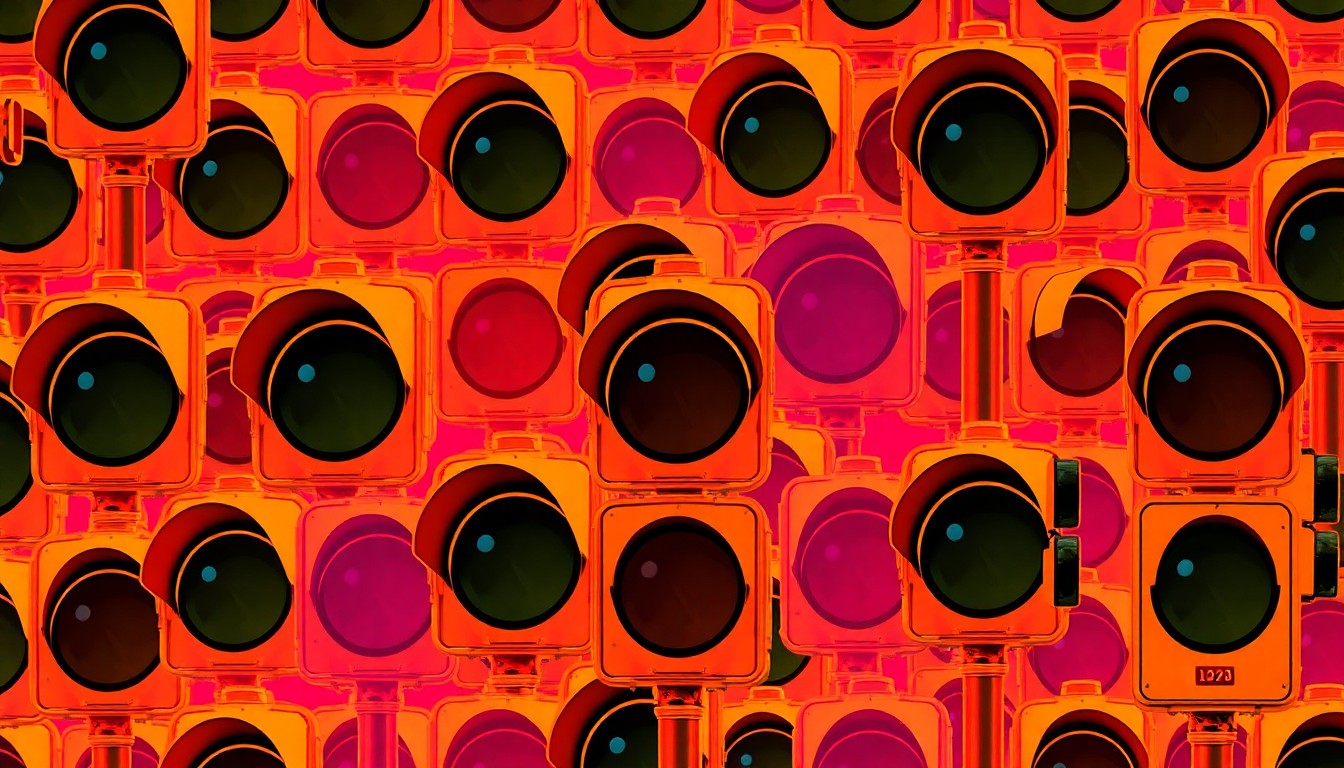 A grid of brightly colored, high-contrast silkscreen prints of a single iconic road sign or traffic signal, rendered in a bold, abstract style that transforms the mundane into modern pop art.