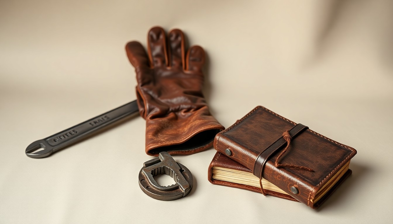 A minimalist studio still life featuring a weathered work glove, a rusted wrench, and a cracked leather ledger book, symbolizing the financial pressures facing Northern California's agricultural community.