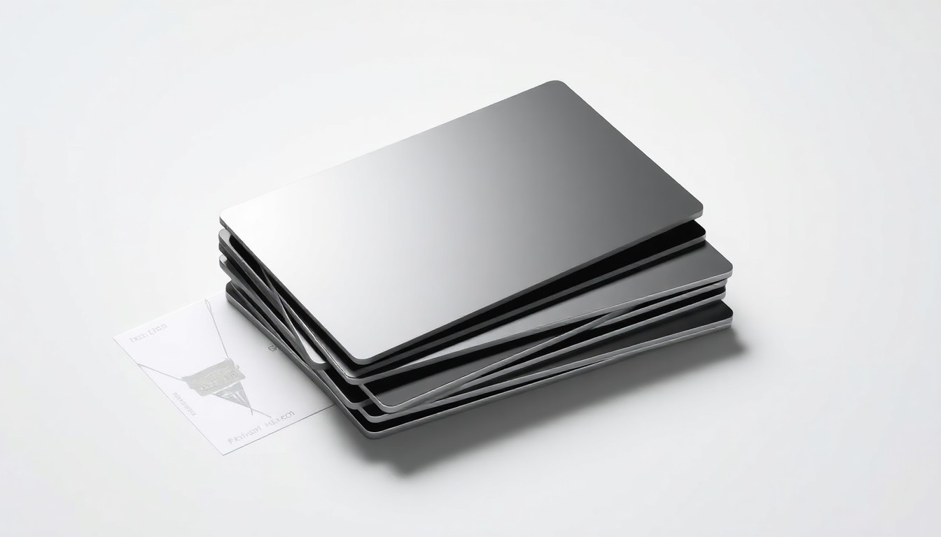 A high-end, photorealistic studio still-life photograph featuring a stack of premium metal and glass business cards or payment cards, arranged elegantly on a clean, monochromatic seamless background, conceptually representing the abstract competition between Stripe and Airwallex in the fintech industry.