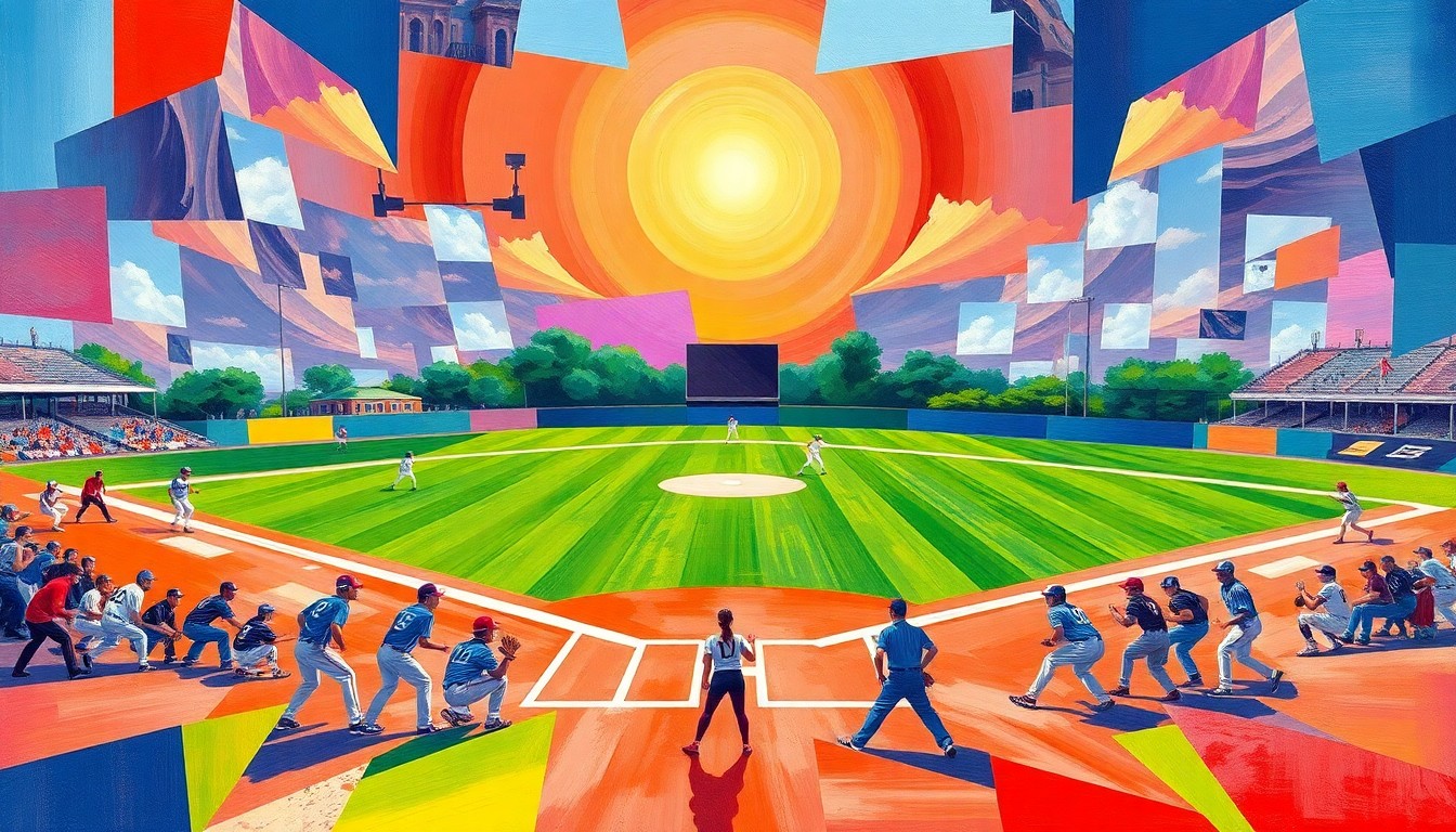 A cubist, geometric painting depicting the dynamic action of a college softball game, with overlapping planes of bright team colors and the field of play.