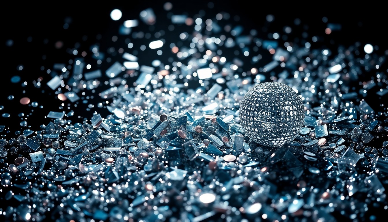 An abstract close-up image of shimmering sequins and shattered glass, captured in dramatic studio lighting to create a high-fashion, glamorous aesthetic.
