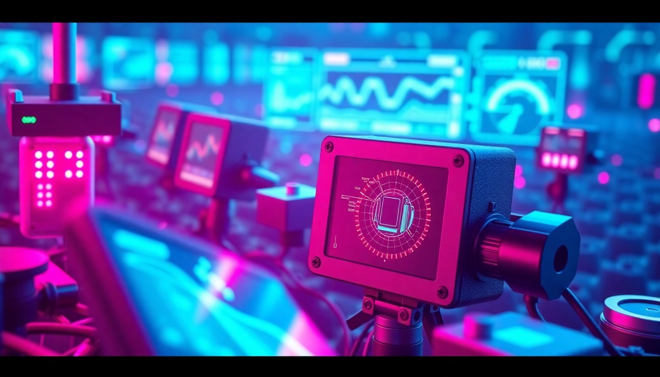 A highly detailed, glowing 3D illustration of various precision farming sensors and data visualization displays, illuminated by neon cyan and magenta lights to convey the complex digital infrastructure underlying modern precision agriculture.