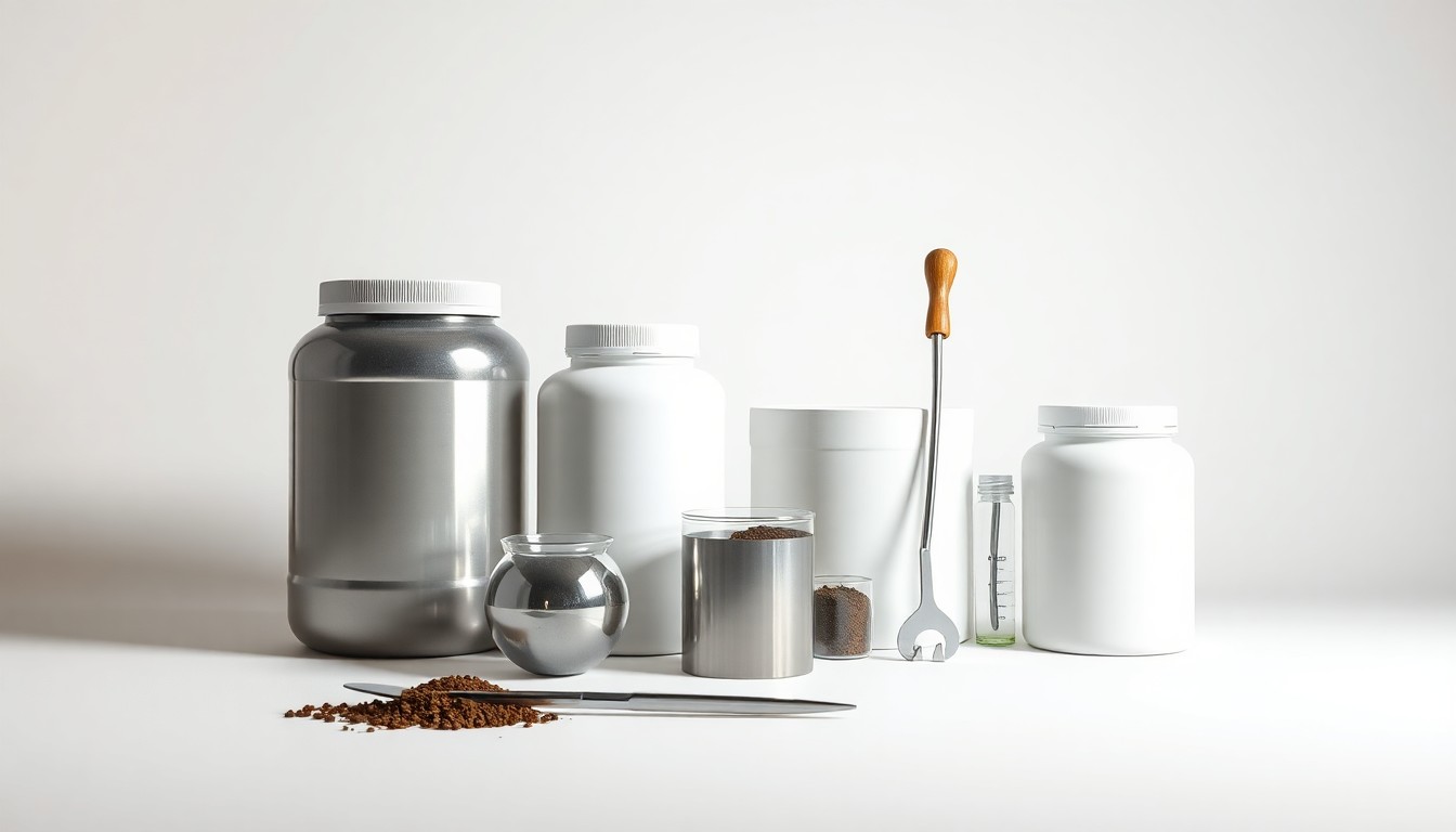 A photorealistic studio still life featuring a collection of polished, geometric fertilizer containers and soil sampling tools arranged elegantly on a clean, monochromatic background, conceptually representing the data-driven precision behind Scholting's nutrient management strategies.