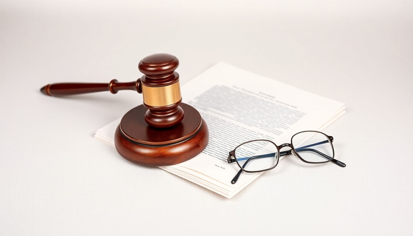 A minimalist studio still life featuring a polished metal gavel, a stack of legal documents, and a pair of eyeglasses, symbolizing the precision and expertise of Trevino Law's legal practice.