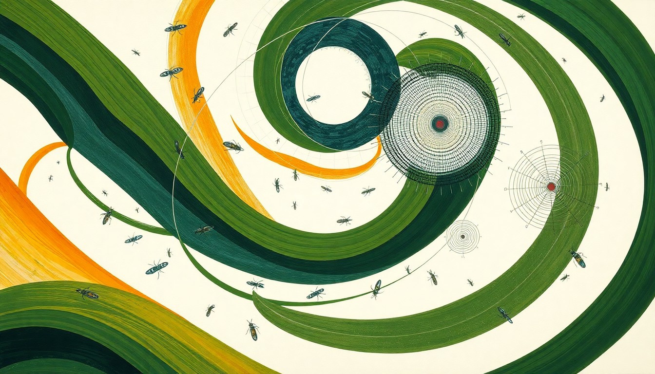 A bold, abstract painting in muted earth tones featuring sweeping geometric shapes, concentric circles, and precise botanical spirals, conceptually representing the interconnected systems of genetically engineered corn, insect pests, and resistance management strategies.