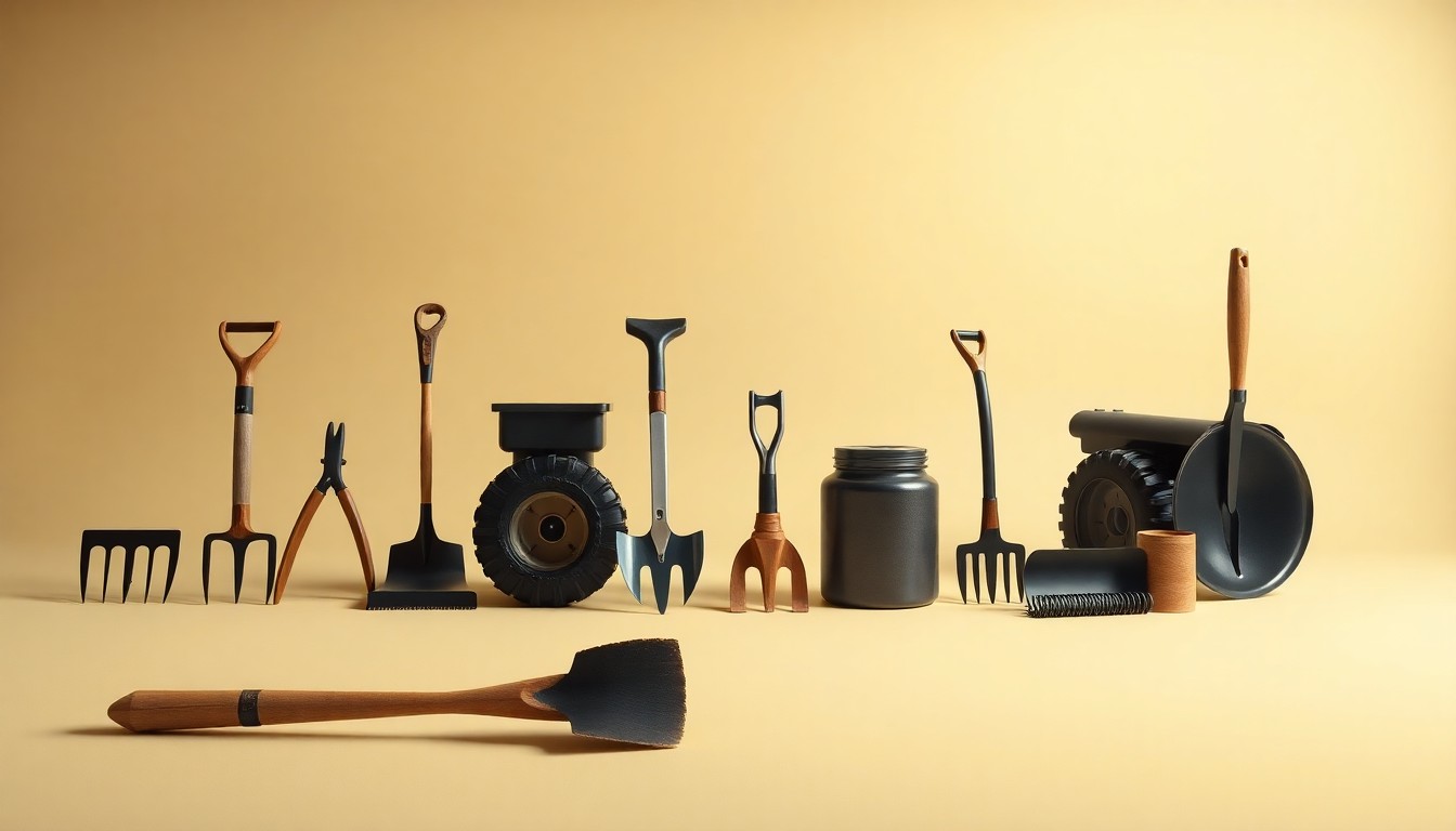 A photorealistic studio still life featuring a collection of sleek, high-tech no-till farming tools and equipment arranged elegantly on a clean, monochromatic background, conceptually representing the innovation and precision of modern sustainable agriculture.