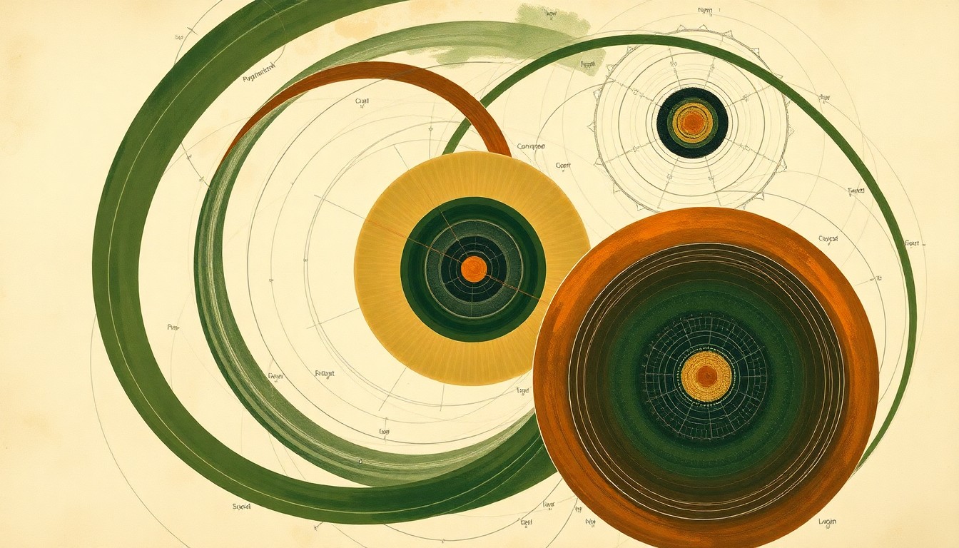 A highly structured abstract painting featuring sweeping geometric arcs, concentric circles, and precise botanical spirals in earthy tones of green, brown, and ochre, conceptually representing the complex chemical structures and modes of action of herbicides and fungicides used in no-till small grain production.