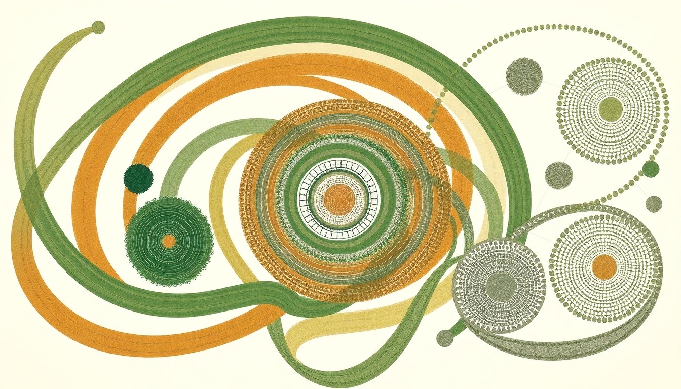 A highly structured abstract painting in muted earth tones, featuring sweeping geometric arcs, concentric circular patterns, and precise botanical spirals, visually representing the interconnected network of no-till farming organizations that make up the new CASA alliance.