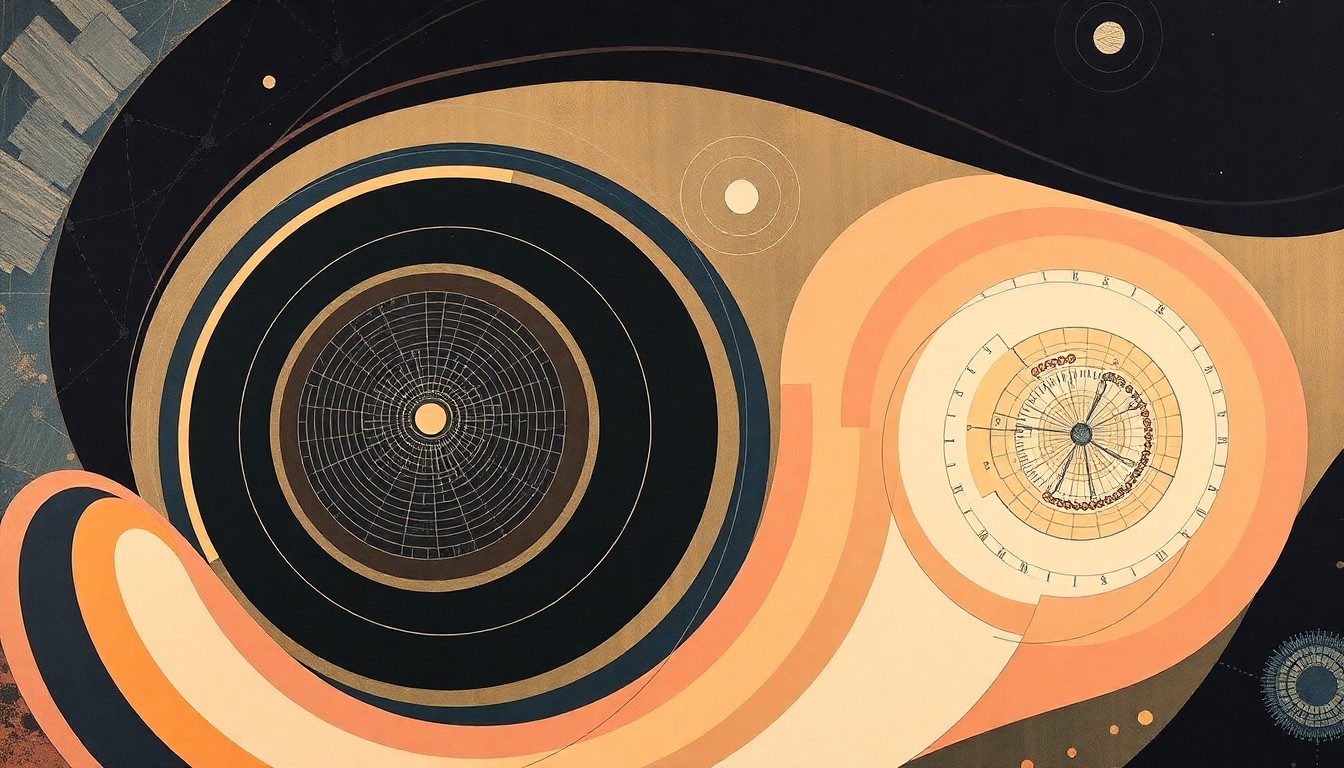 A highly structured, abstract painting in soft, flat colors depicting sweeping geometric arcs, concentric circular forms, and precise cellular spirals, conceptually representing the interconnected nature of biological systems and the insights enabled by advanced cell identification technology.