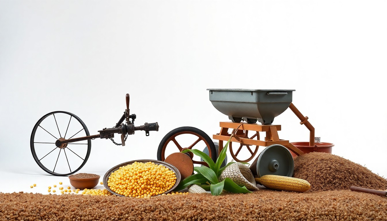 A high-end, photorealistic studio still life featuring a vintage plow, a modern no-till seeder, and freshly harvested corn kernels, arranged elegantly on a clean, monochromatic background to symbolize the enduring legacy of sustainable agriculture.