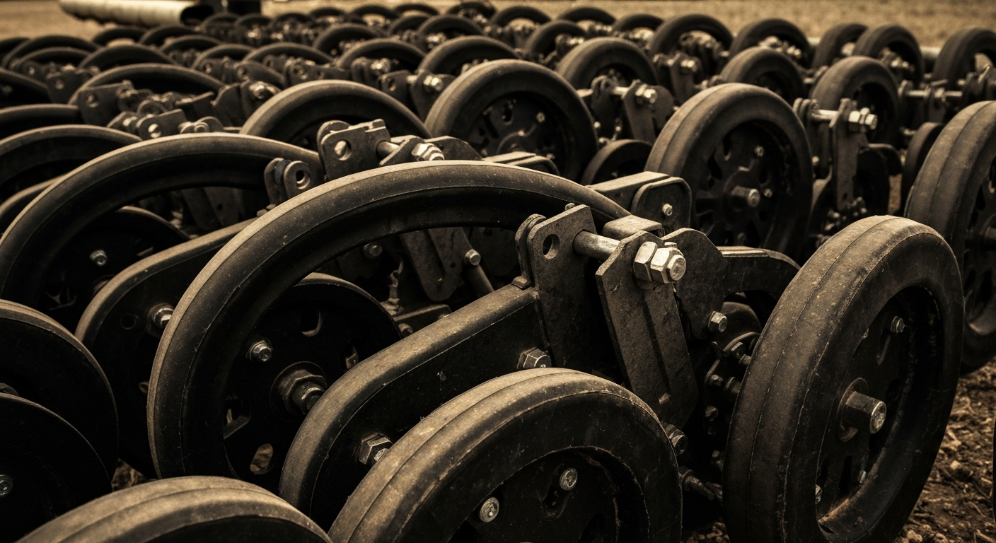 An extreme close-up of the detailed metal and rubber components of a planter row unit, showcasing the intricate textures and engineering that allow the equipment to adapt to uneven terrain.