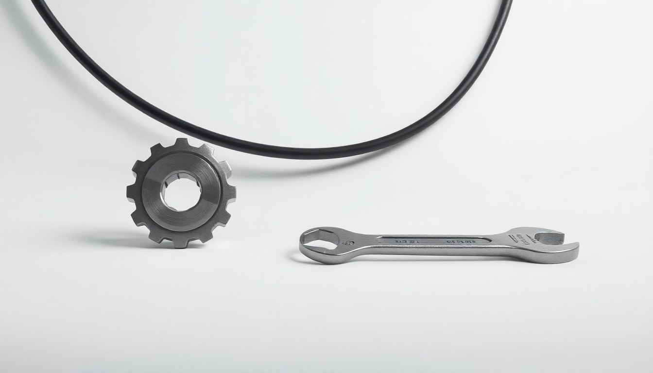 A photorealistic studio still life featuring a polished metal gear, a sleek black power cable, and a brushed steel wrench arranged elegantly on a clean, monochromatic background, conveying a sense of precision and innovation in the energy technology industry.