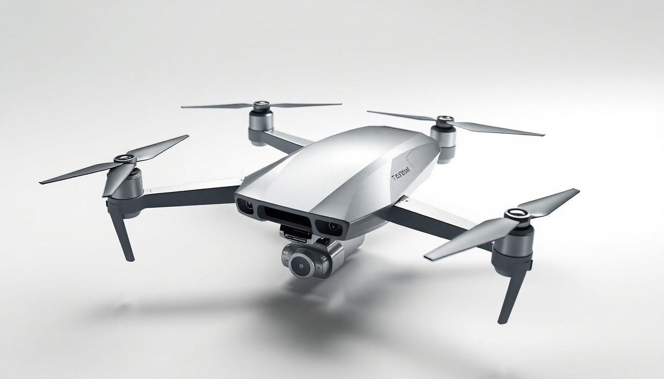 A highly detailed, photorealistic studio photograph of a sleek, metallic drone model with sharp angles and clean lines, floating on a solid white background and illuminated by dramatic studio lighting to highlight the precision engineering of the autonomous vehicle.