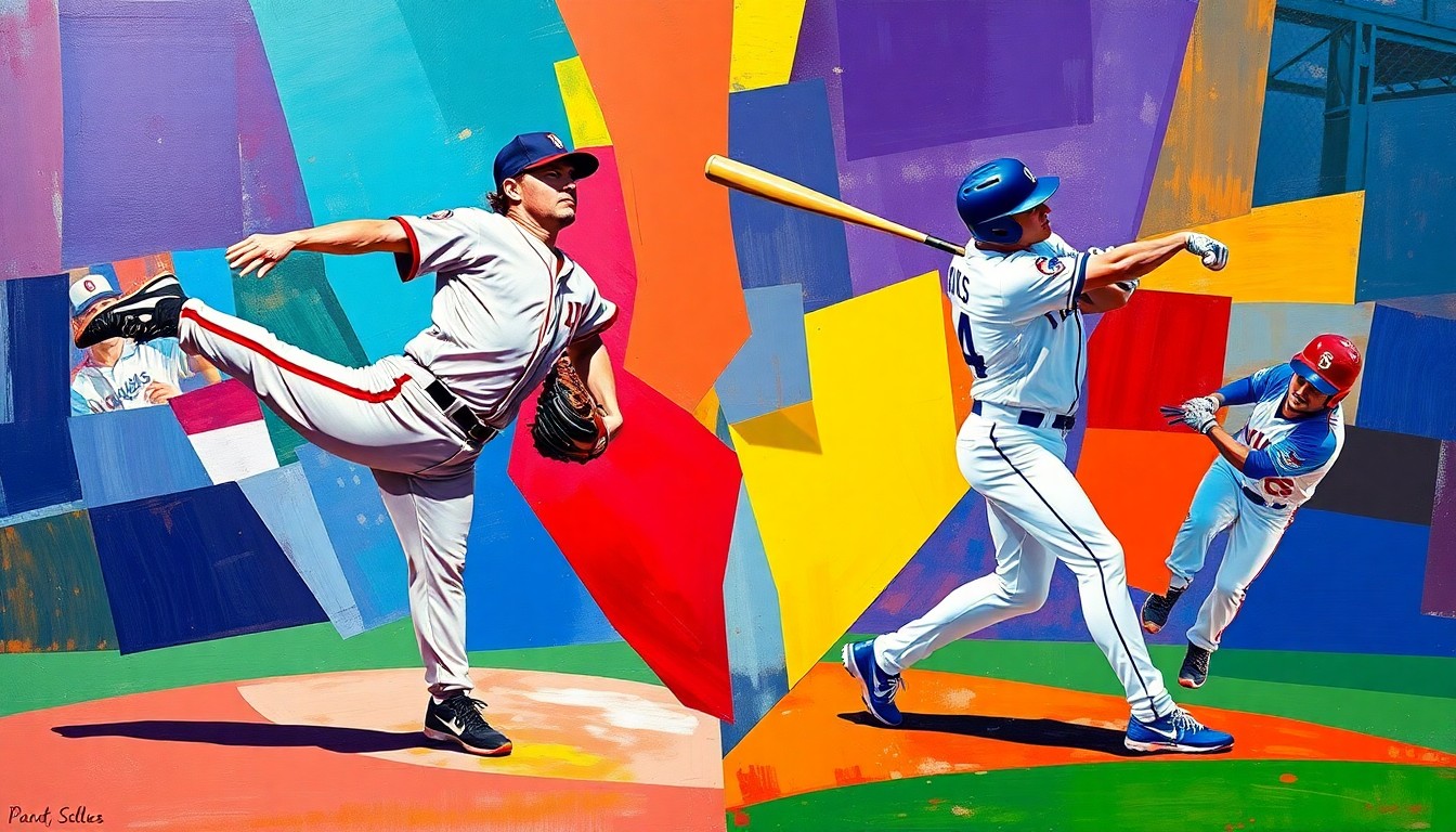 A fractured, geometric painting depicting a baseball pitcher's delivery and a batter swinging, with vibrant colors representing the Diamondbacks and Blue Jays uniforms. The image is broken into sharp, overlapping planes, capturing the dynamic action of the game in a cubist style.