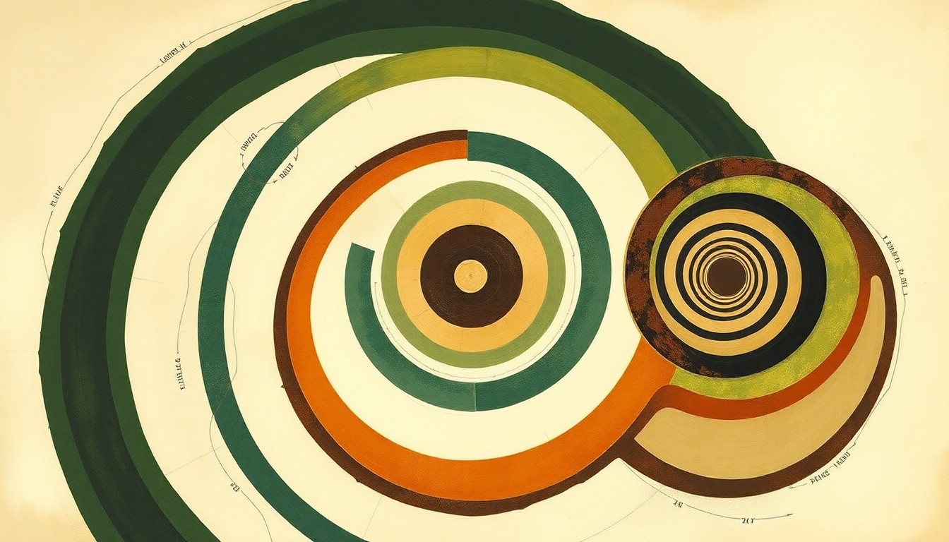 A bold, abstract painting in earthy tones depicting the interconnected forces of soil nutrients, carbon cycling, and biofuel production through sweeping geometric shapes and precise botanical patterns, conveying the structural complexity of sustainable agriculture.