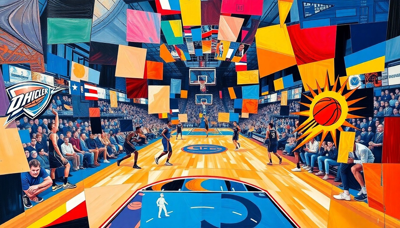 A fractured, geometric painting depicting the intense action of an NBA playoff basketball game between the Thunder and Suns, with sharp planes of color representing the players, court, and game elements.