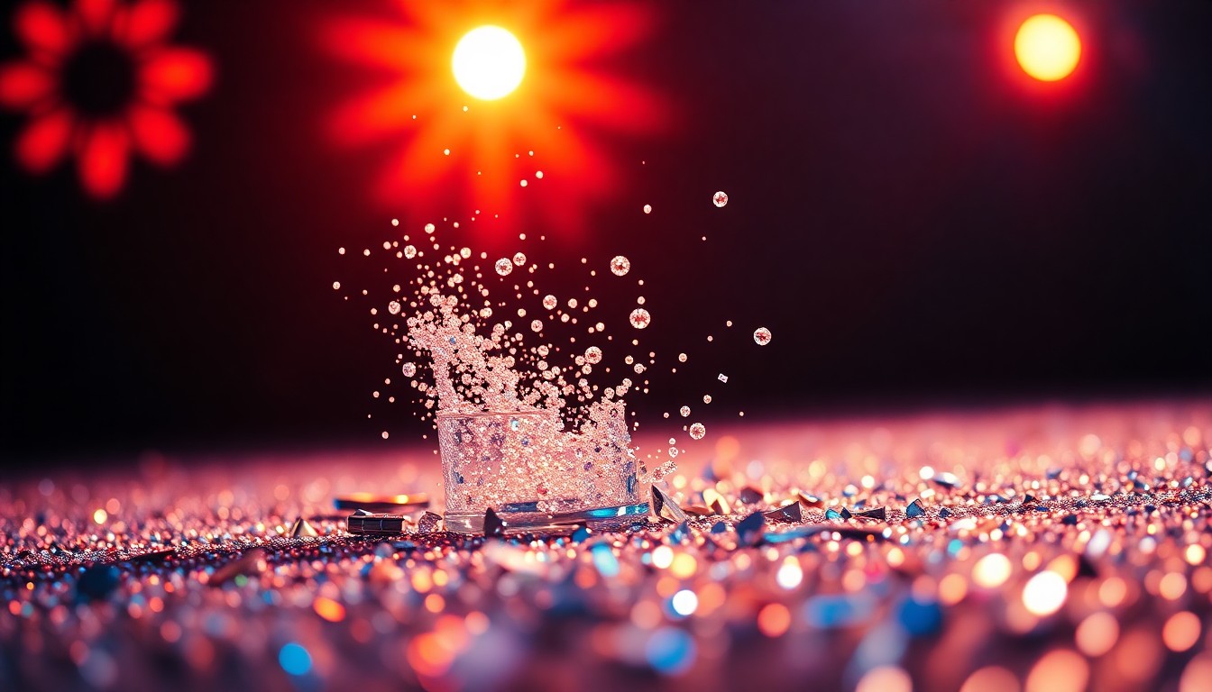 An abstract close-up photograph of shimmering sequins and shattered glass, capturing the high-fashion glamour and celebratory mood of a music festival performance.