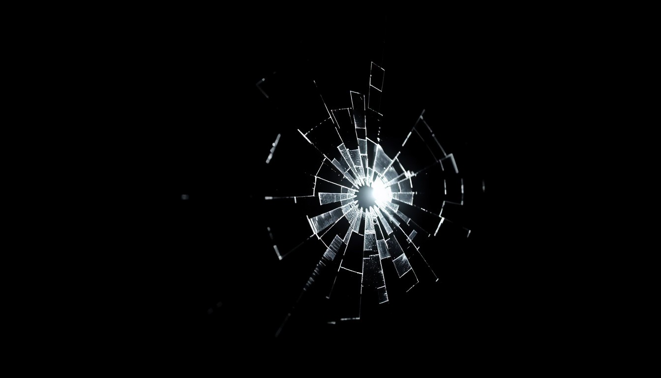 An extreme close-up photograph of a shattered car window sensor, lit by a harsh, direct camera flash against a pitch-black background, conceptually representing the investigation into a high-profile murder case.
