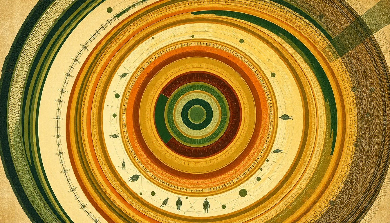 A highly structured abstract painting in earthy tones, featuring sweeping geometric arcs, concentric circular patterns, intersecting waveforms, and precise botanical spirals, conceptually visualizing the complex natural forces and interconnected systems involved in a slug infestation in no-till fields.